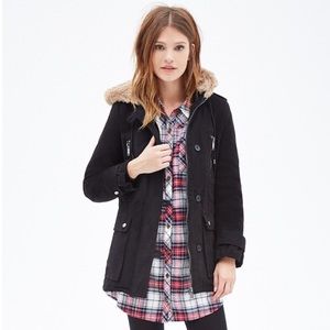 Forever 21 Women's Black Faux Fur Hooded Parka
